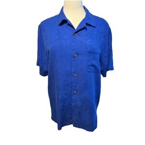 Tommy Bahama Sz M 100% Silk Blue Wood look buttons Short Sleeve Pocket Button Up